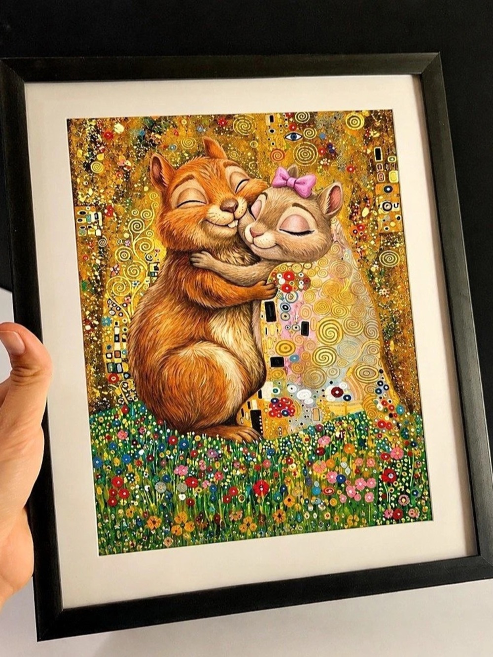 Cute Klimt-Inspired Chipmunk Couple Framed Print – Romantic Hug Art 10x12
